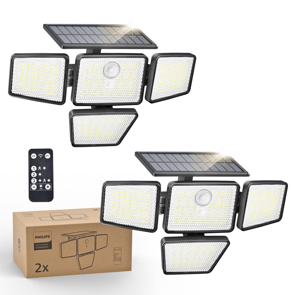 Philips solar security light with 196 LEDs for wide outdoor illumination.