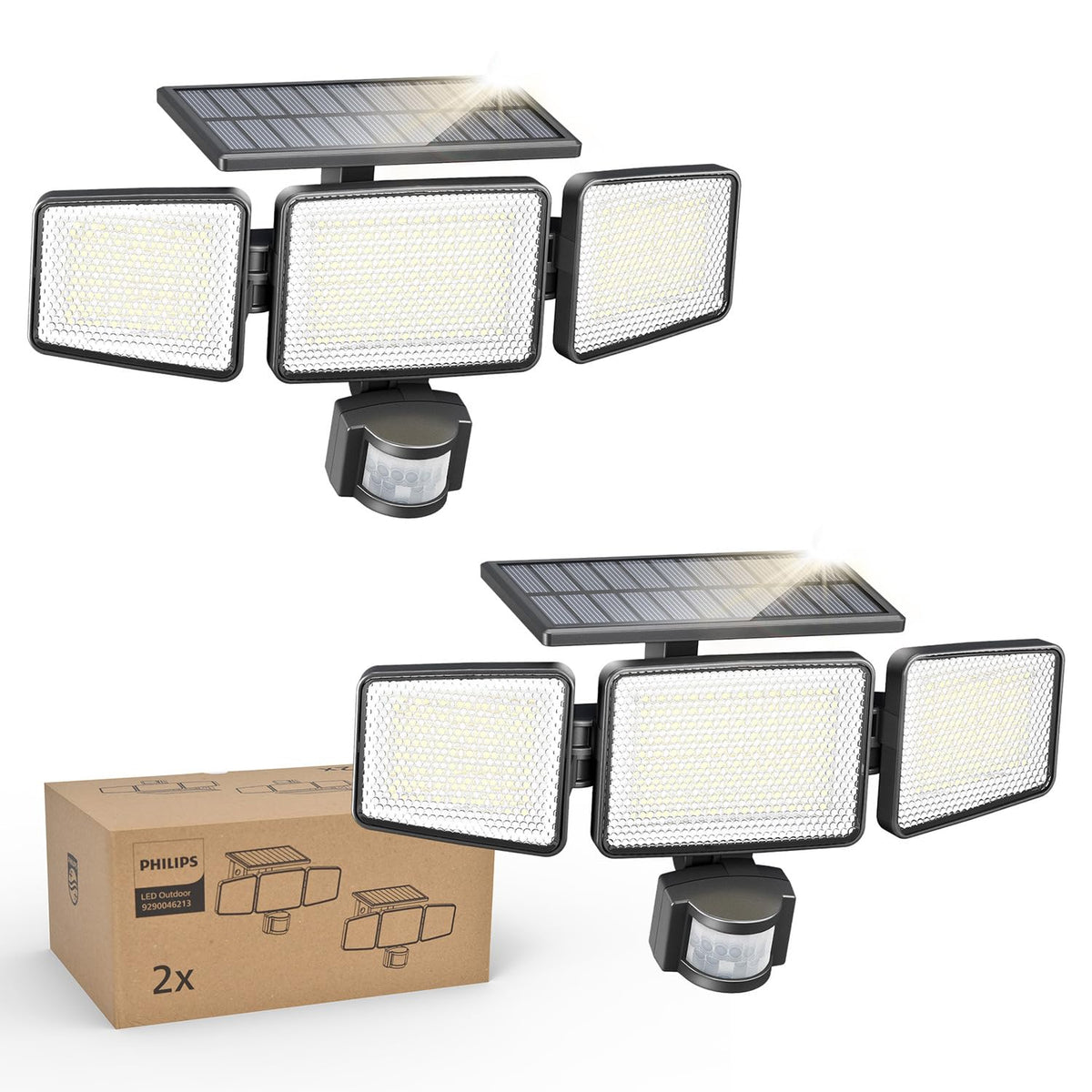 Philips solar security light with 302 LEDs delivering broad outdoor illumination.