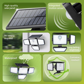 Philips solar floodlight with four adjustable heads delivers flexible lighting coverage.