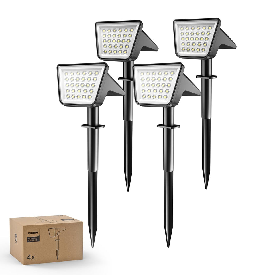 Philips solar spot lights front view showing bright 7500K glow for pathways