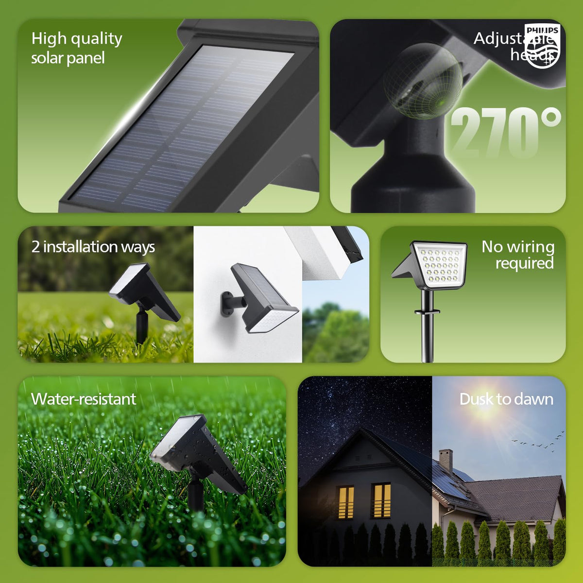 Philips solar spot lights side view highlighting easy wall-mount option for versatile placement