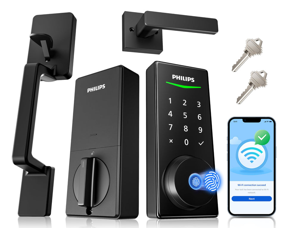 Philips touchscreen smart lock on front door enables keyless entry and remote access.