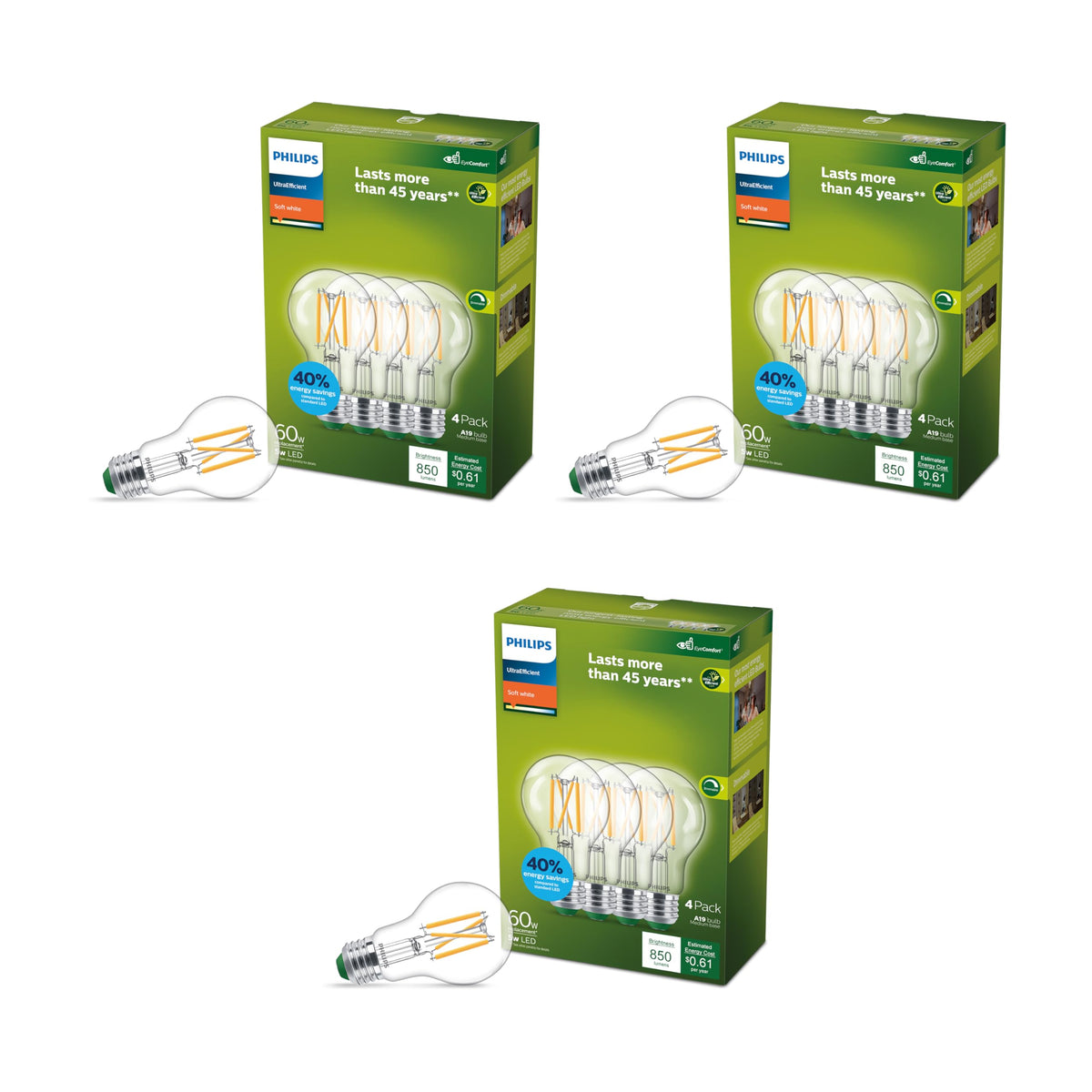 Philips Ultra Efficient A19 pack front showing 12 bulbs for energy savings