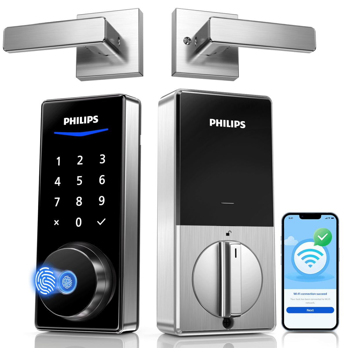 Philips Wi‑Fi Smart Lock with Handles front view illustrating keyless entry.