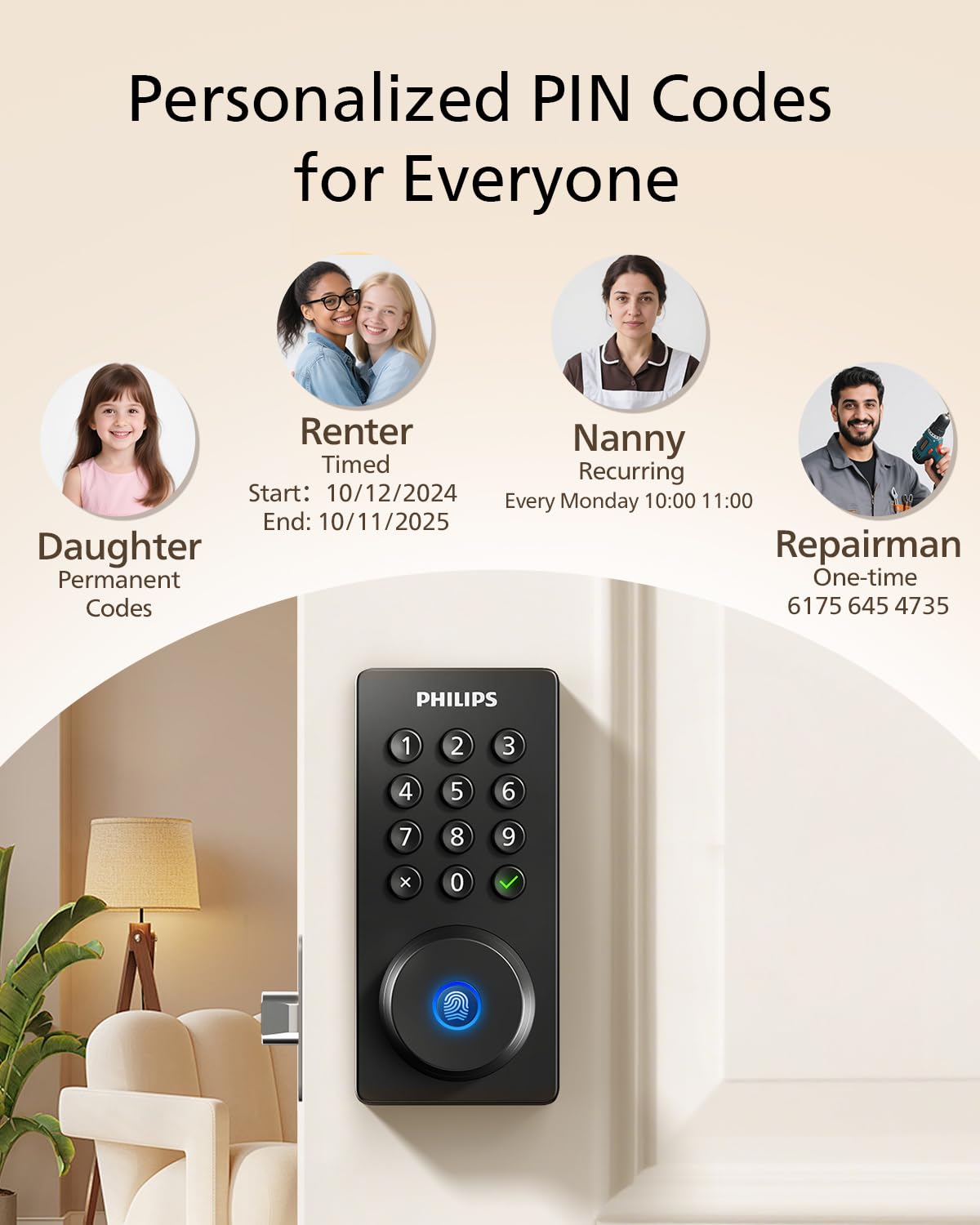 Philips Wi-Fi door lock remote unlock on smartphone screen illustrating remote access anywhere.