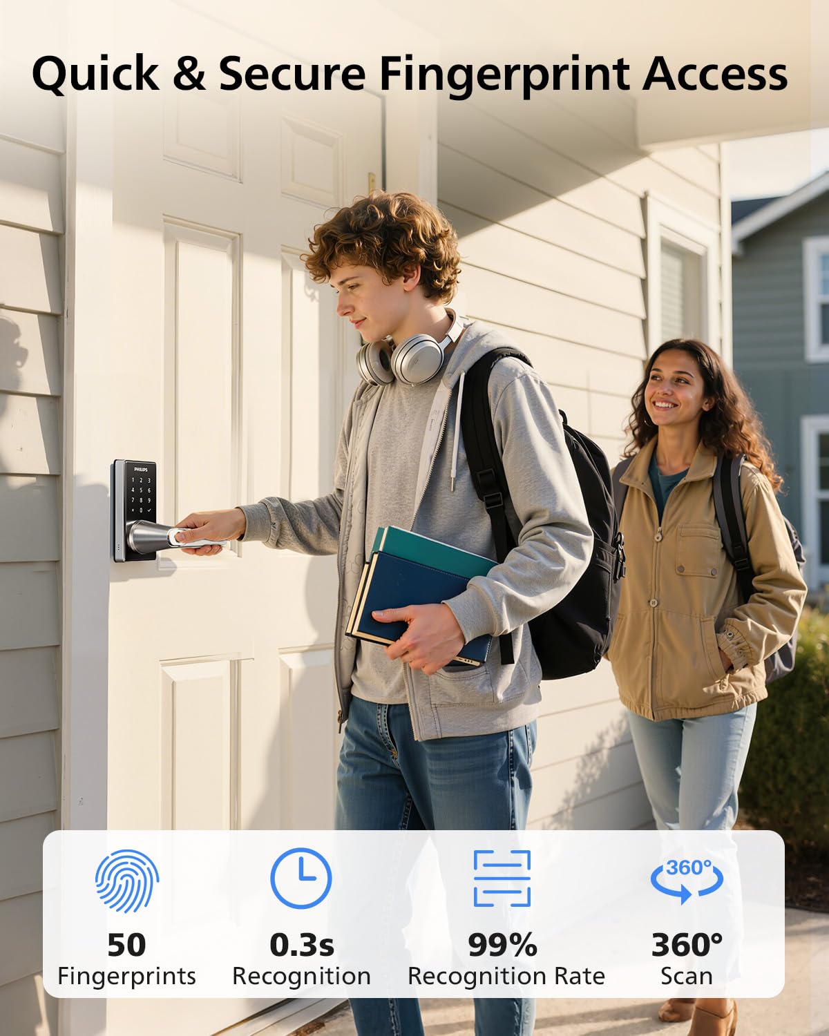 Philips Wi‑Fi Smart Door Lock fingerprint sensor in action for secure entry.