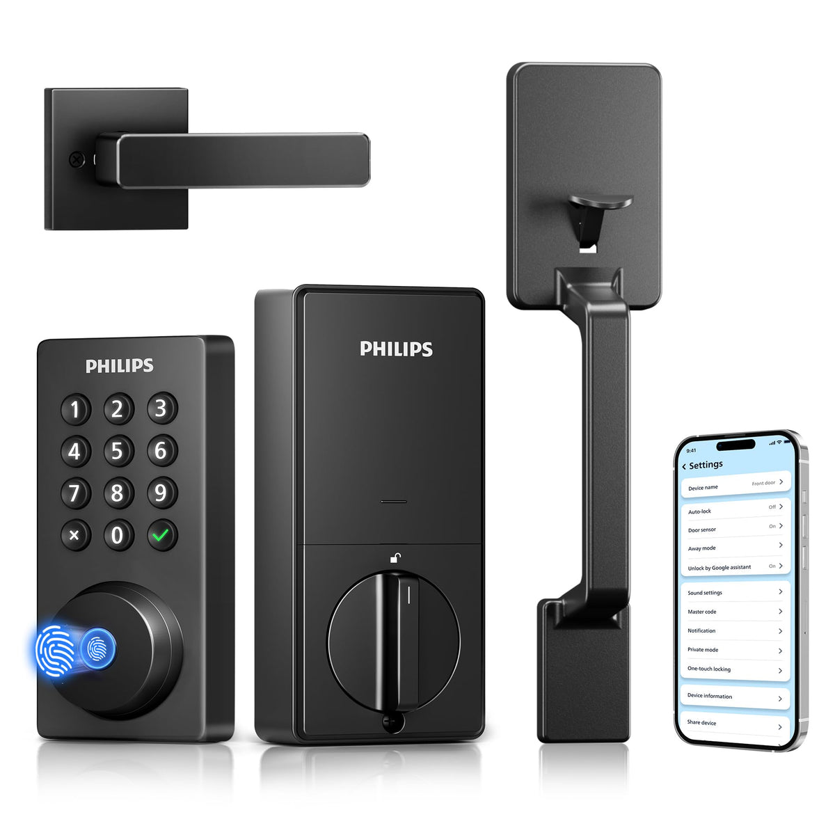 Philips Wi-Fi smart door lock with handle at front door for convenience.