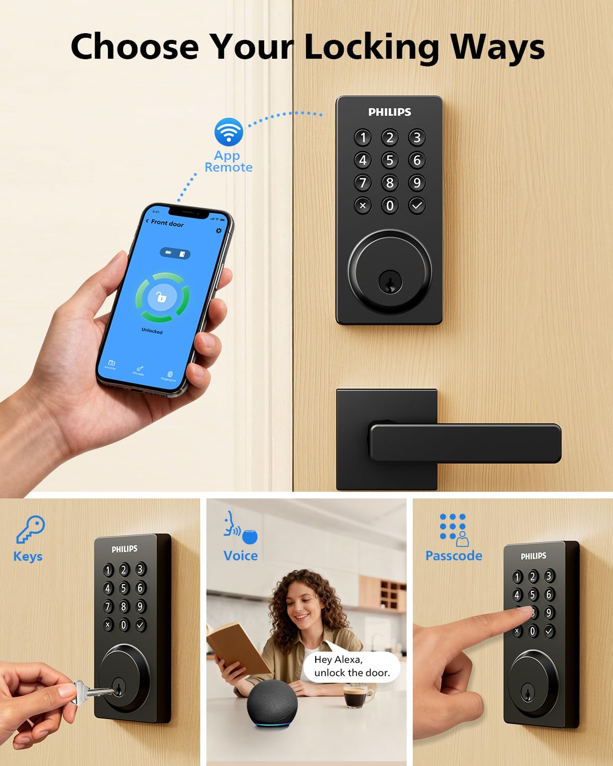 Philips WiFi lock front view showing the handle and keyless entry option.