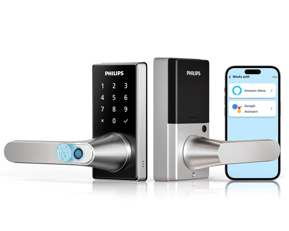 Philips Wi‑Fi Smart Door Lock front view showing the fingerprint‑enabled handle for quick access.