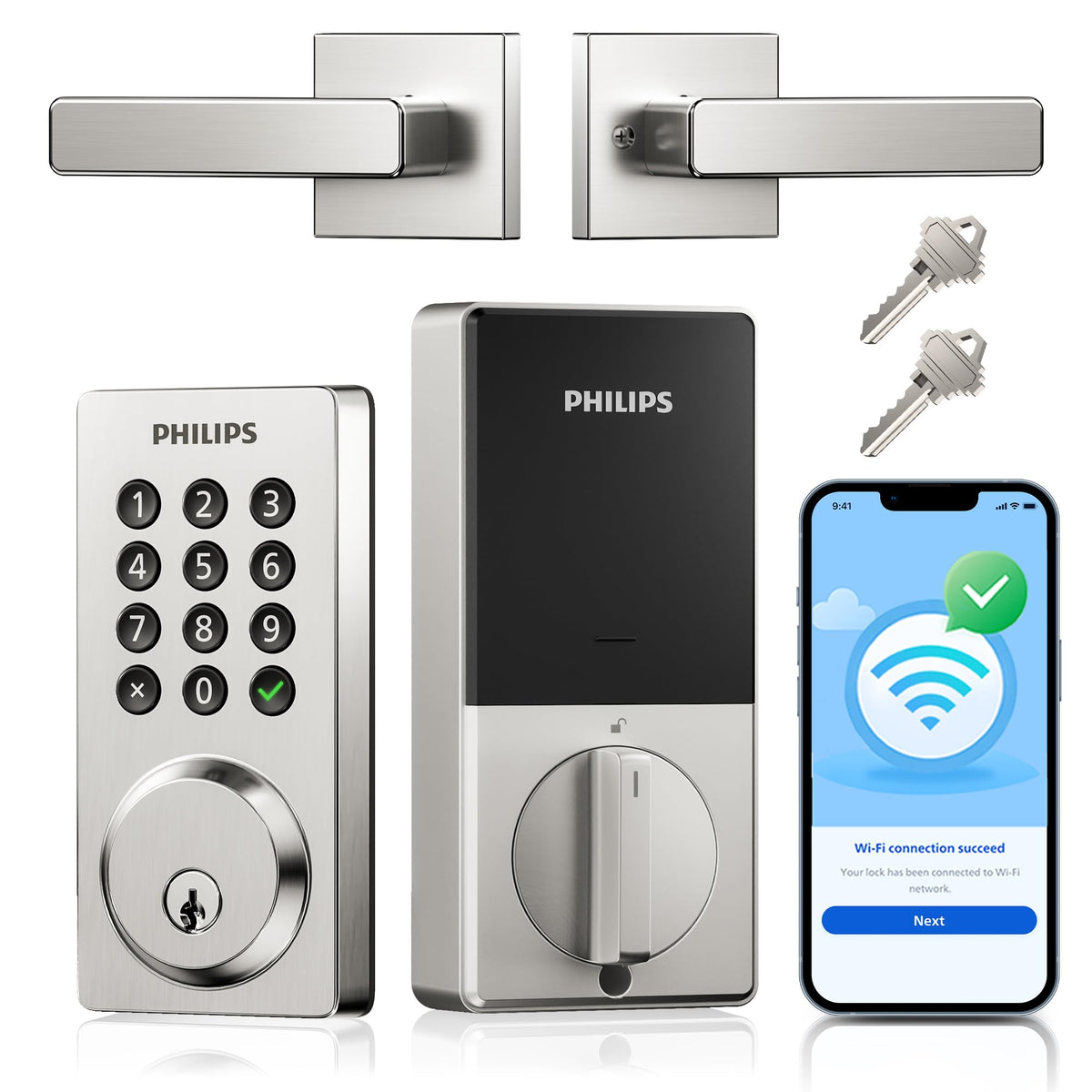 Philips WiFi smart door lock on front door enabling simple installation and remote access.