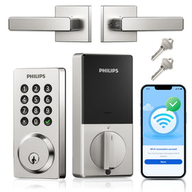 Philips WiFi smart door lock on front door enabling simple installation and remote access.