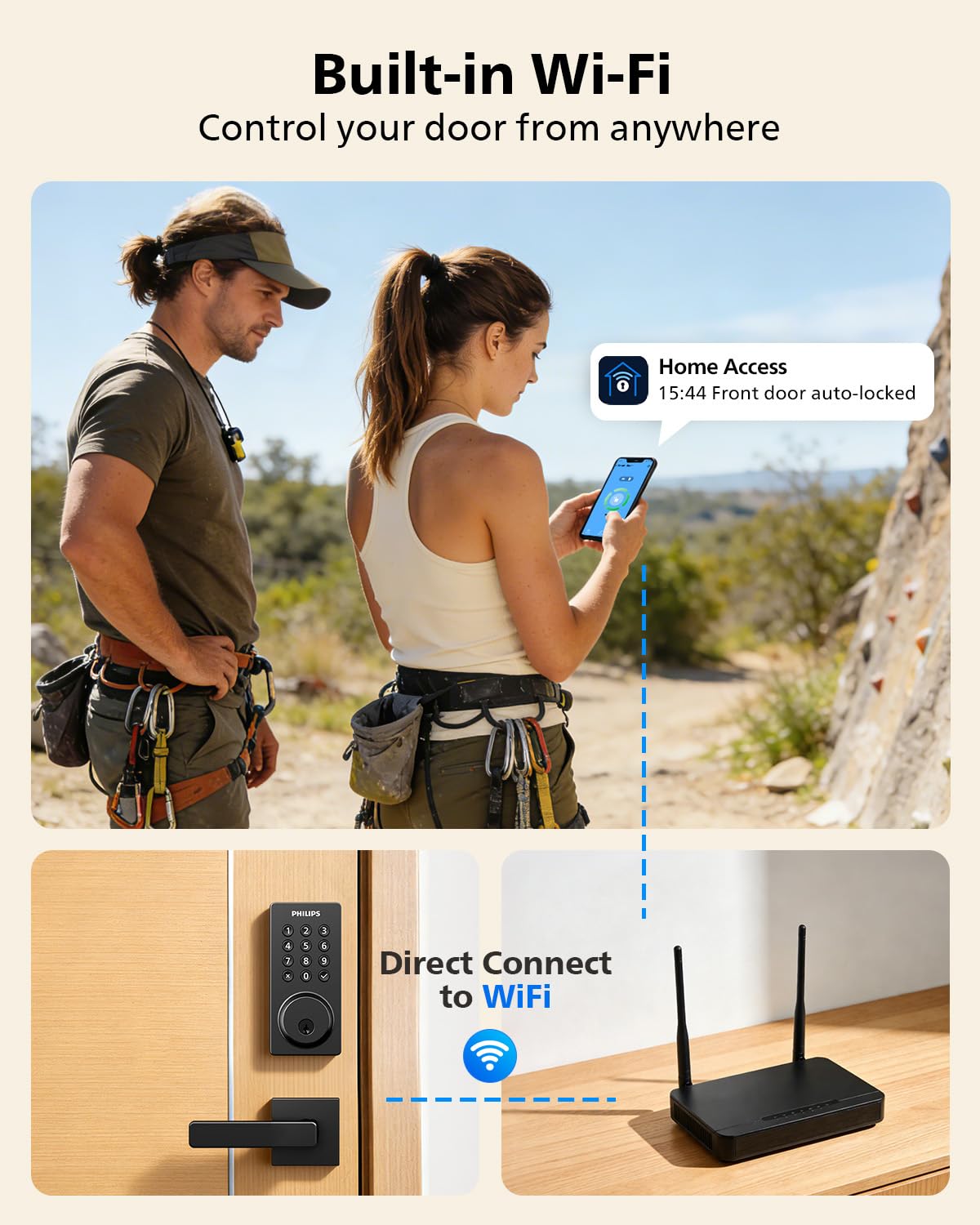 Philips WiFi smart door lock interior panel view showing built-in wifi and app control.