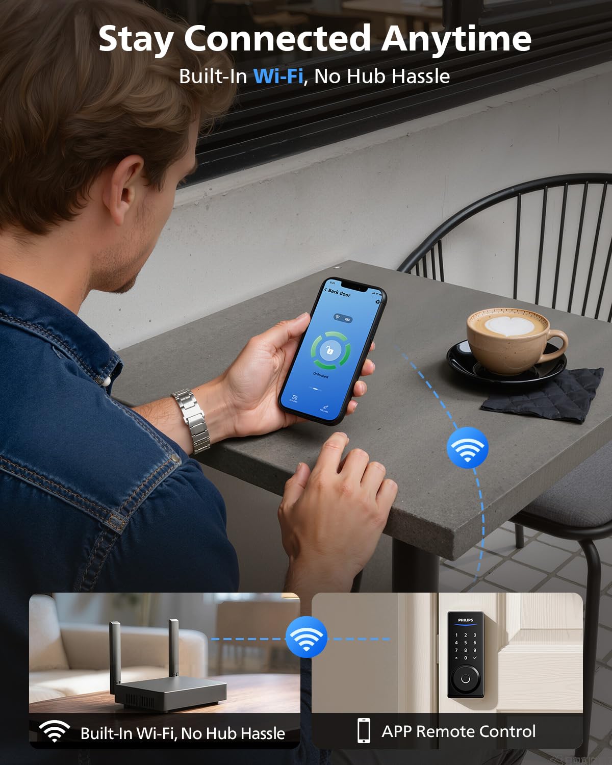 Fingerprint unlock close‑up on Philips lock for fast, keyless access.