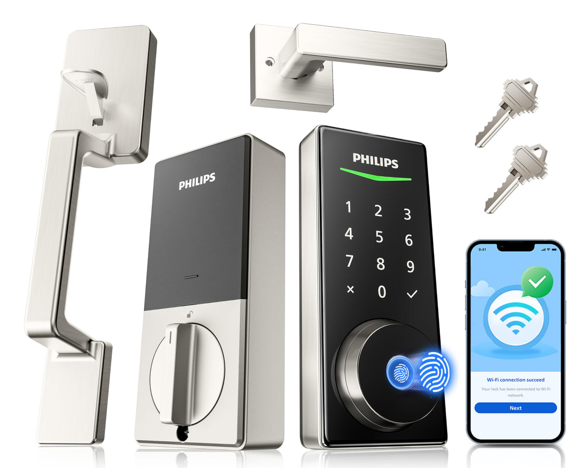 Philips WiFi Smart Lock front door handle set enables keyless access with stylish security.
