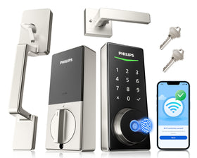 Philips WiFi Smart Lock front door handle set enables keyless access with stylish security.