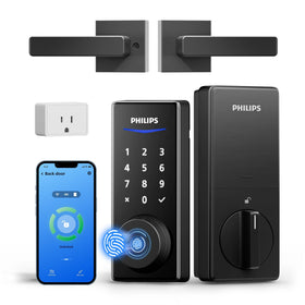 Philips WiFi smart lock with handle on the front door for keyless entry.