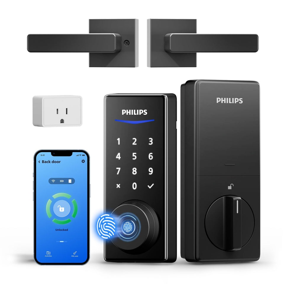 Philips WiFi smart lock with handle on the front door for keyless entry.