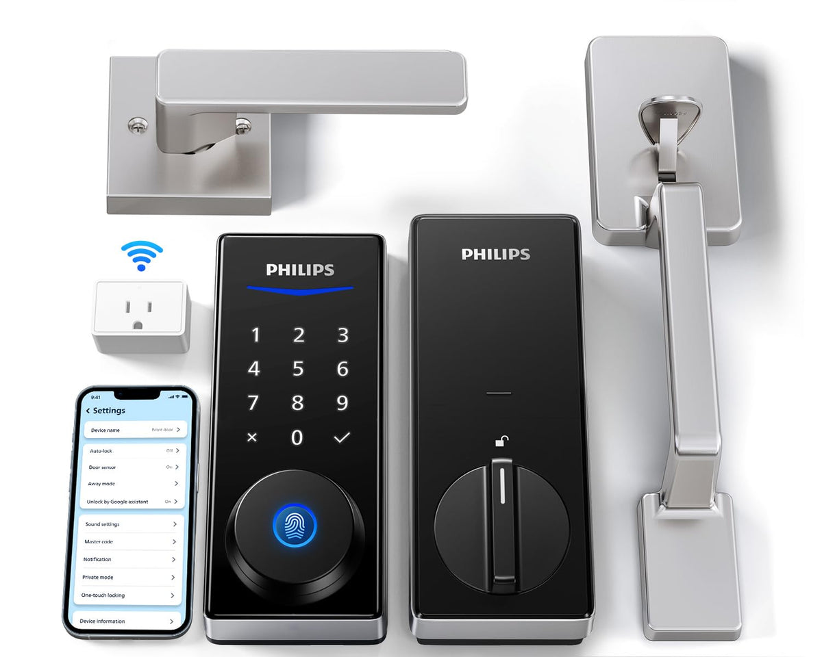 Philips Wi-Fi Smart Lock with Handle on the front door enabling keyless entry.