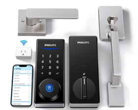 Philips Wi-Fi Smart Lock with Handle on the front door enabling keyless entry.