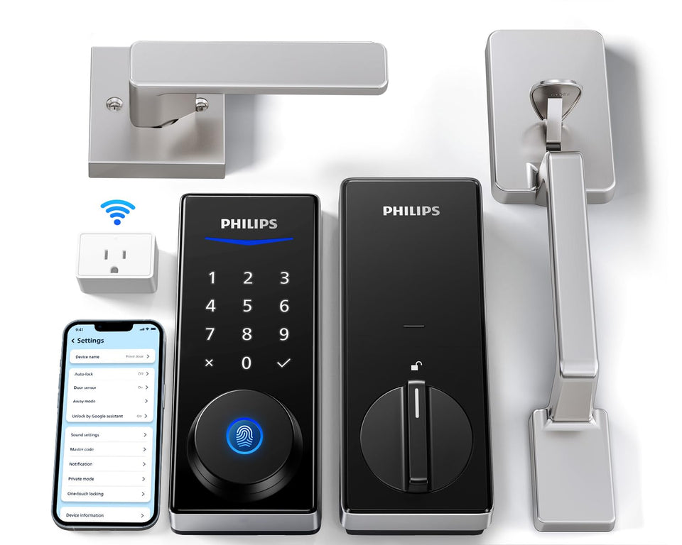 Philips Wi-Fi Smart Lock with Handle on the front door enabling keyless entry.