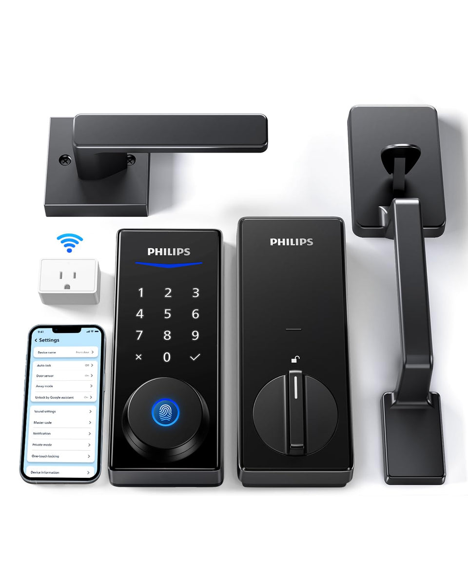 Philips Wi‑Fi Smart Lock with handle, front view showing sleek entry design for secure access.
