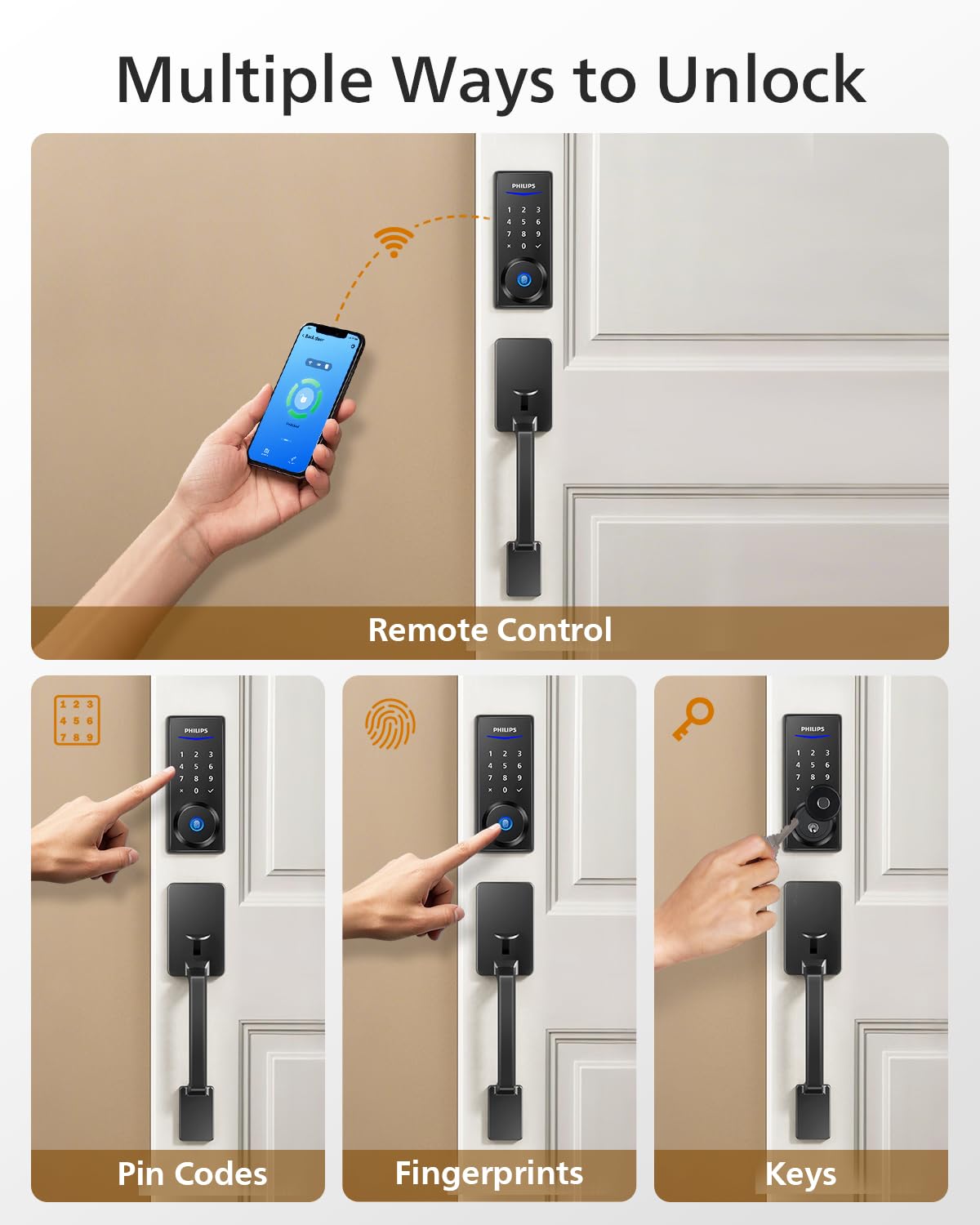 Philips smart lock side profile highlighting integrated handle for easy use.