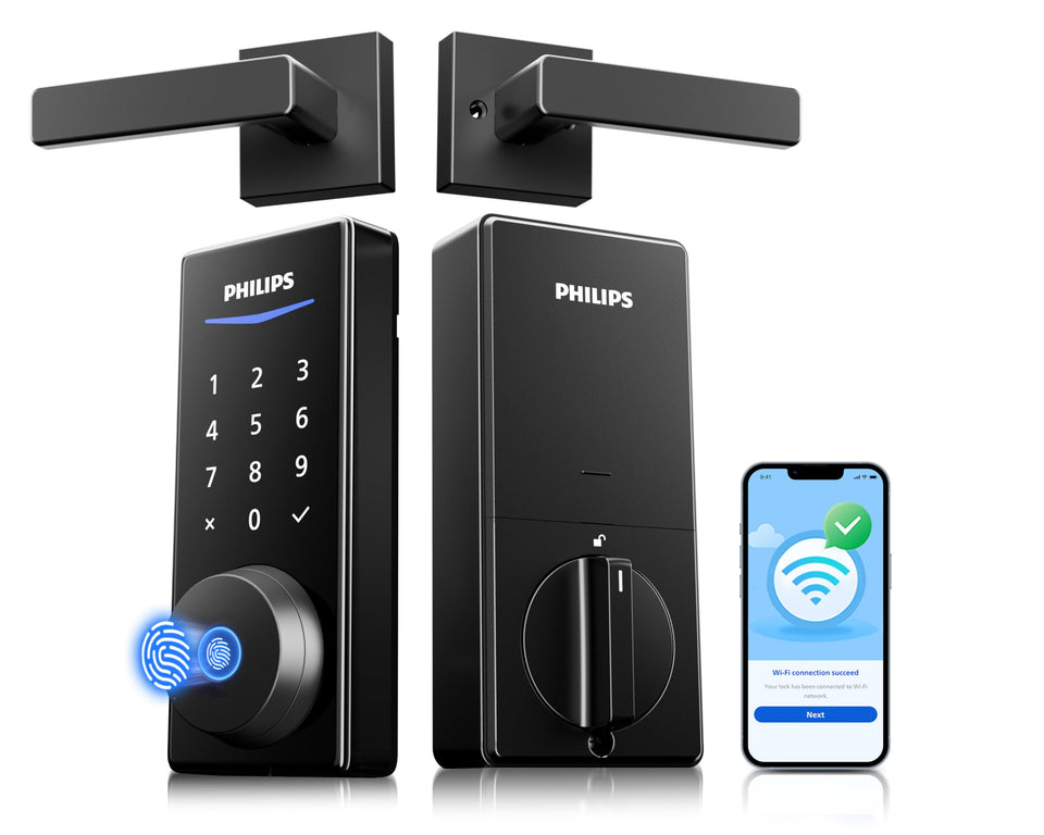 Philips Wi‑Fi smart lock with handles on the front door for secure, convenient entry.