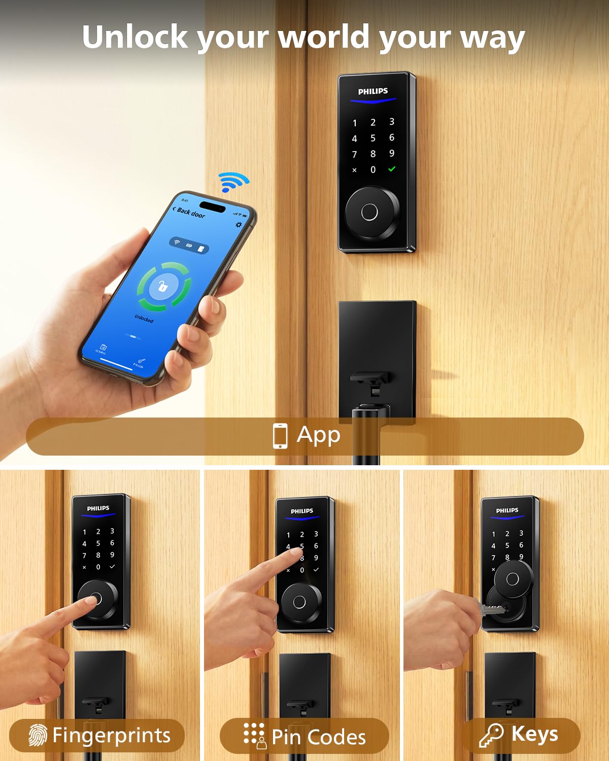 Philips WiFi Smart Lock with Handle side view highlights ergonomic grip and reach