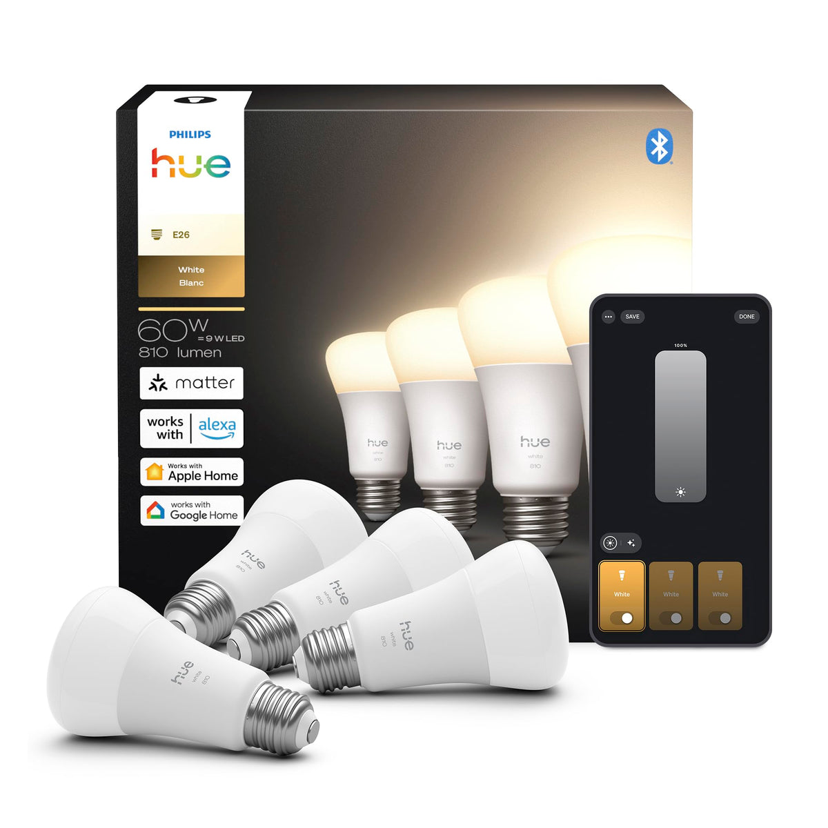 Philips Hue A19 2700K warm white bulbs in a 4-pack for cozy spaces.
