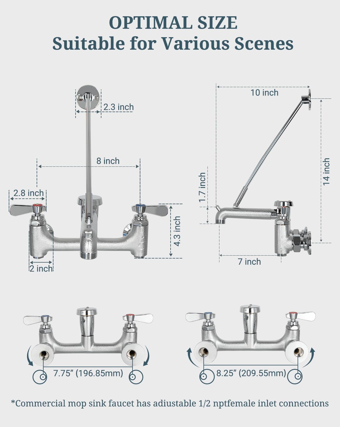 Phivan 8-inch adjustable center fits various mop sink layouts.