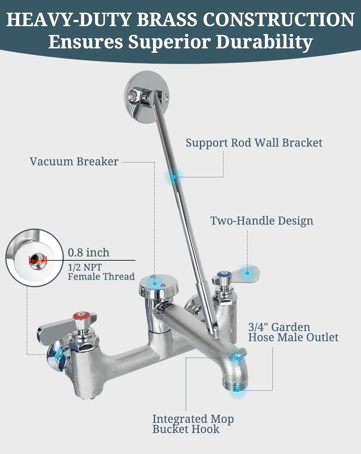 Phivan mop sink faucet vacuum breaker detail shows backflow prevention for safer cleaning.