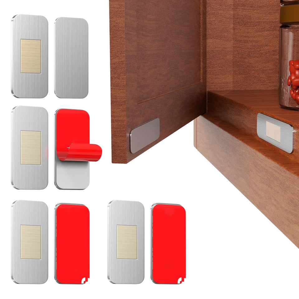PHIXBEAR no-drill magnetic cabinet catch adhesive application shows quick, tool-free mounting for secure cabinet closure.