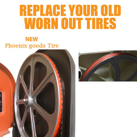 Phoenix goods urethane tire installation process demonstrates tool-friendly, adhesive-free mounting.