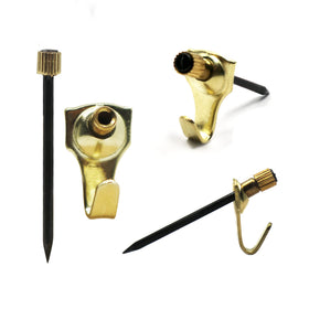 Picture Hang Solutions 10lb brass picture hook and nail set securing lightweight frames.