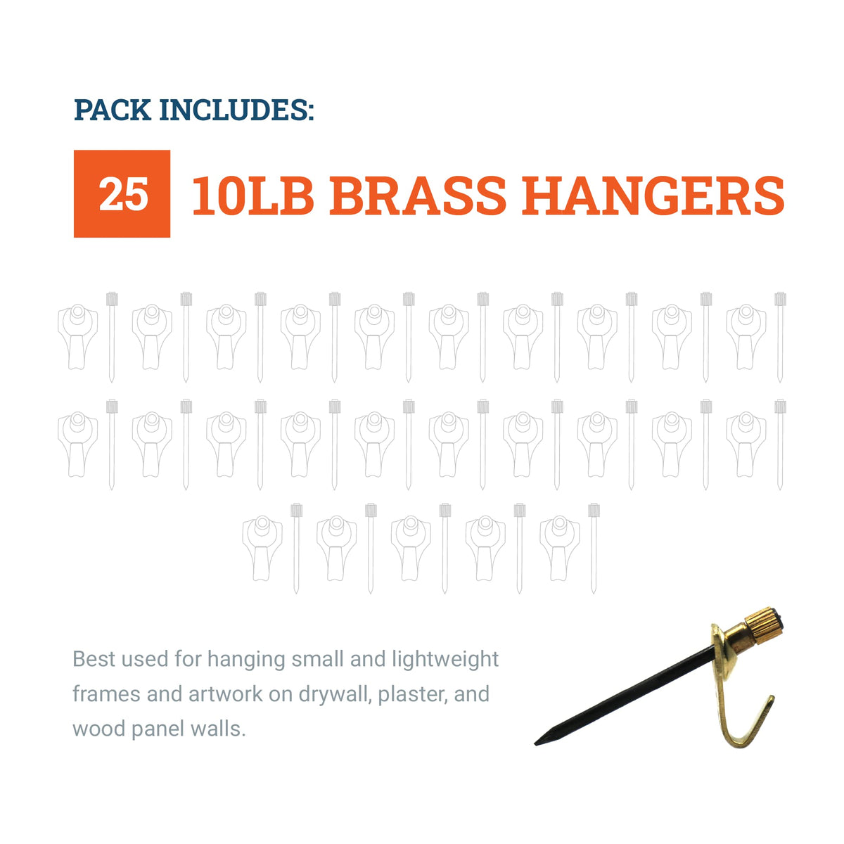 Picture Hang Solutions 25-pack brass picture hangers for versatile displays.