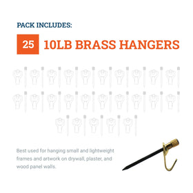 Picture Hang Solutions 25-pack brass picture hangers for versatile displays.
