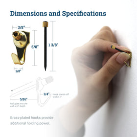 Brass-plated hooks installed on wall by Picture Hang Solutions demo.