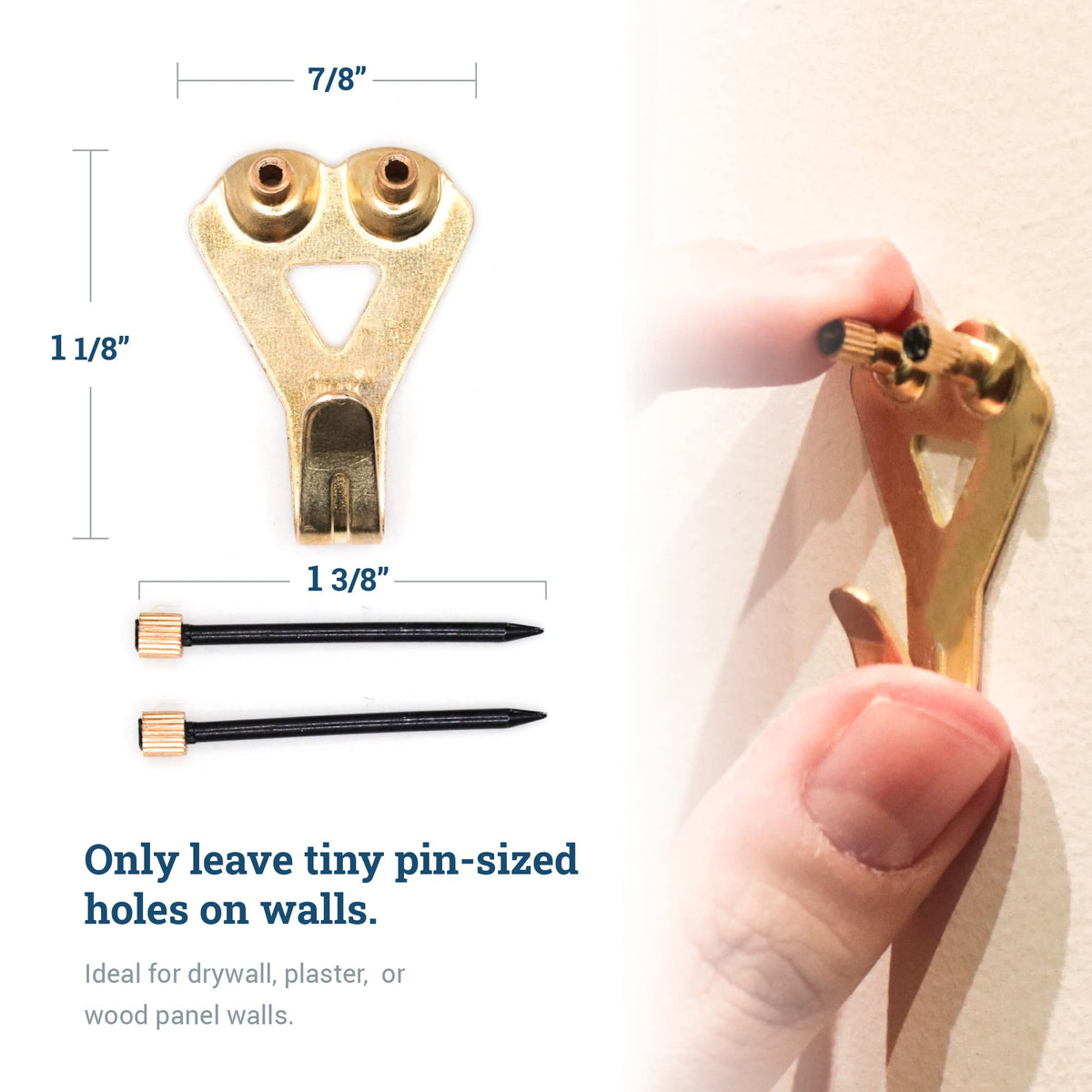 PHS heavy-duty picture hangers pack with nails ready for drywall.