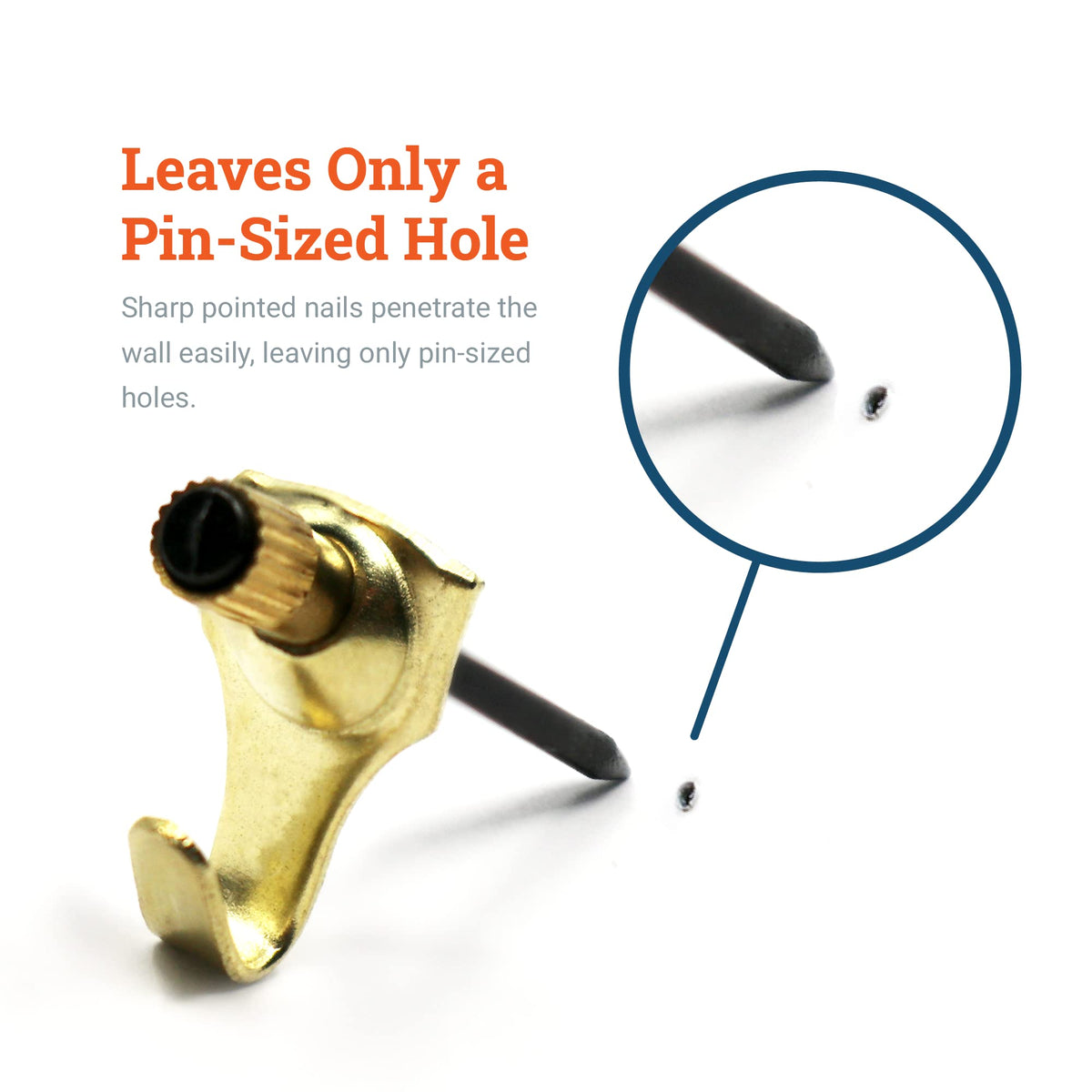 Sharp-point brass nails close-up from Picture Hang Solutions for quick mounting.
