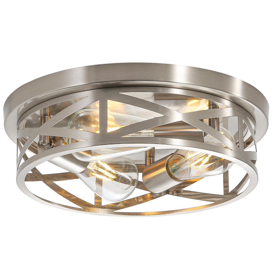 Piano7797 brushed nickel flush mount front view, bright 3-light fixture for hallways.