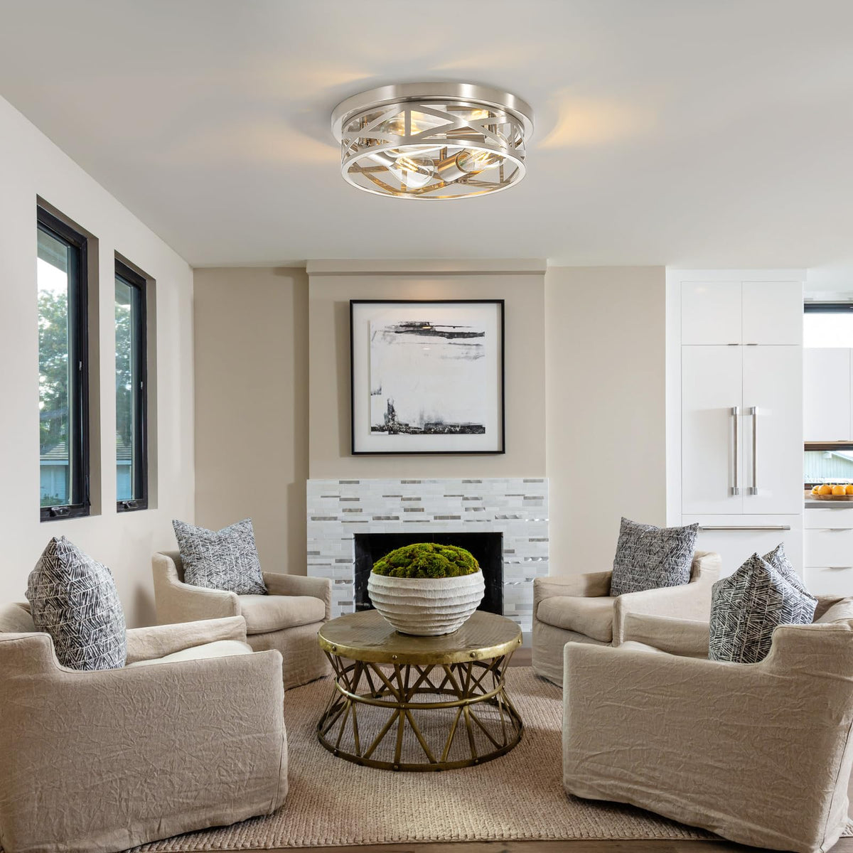 Piano7797 brushed nickel flush mount side angle, sleek lighting for living spaces.