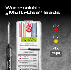 Pica Dry pencil cap-integrated sharpener for on-site precision.