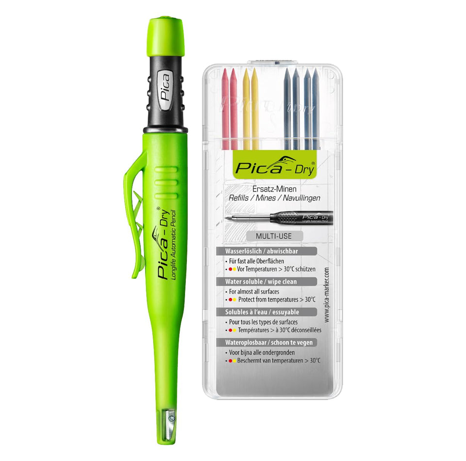 Pica Marker Kit with 8-color leads for versatile labelling on wood and surfaces.