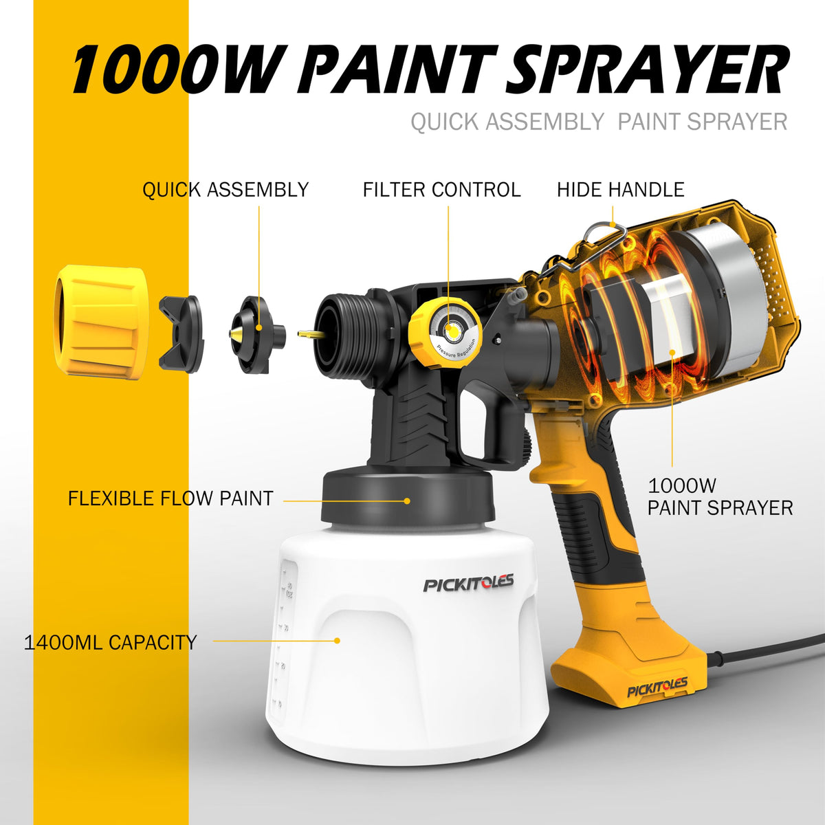 PICKITOLES paint-sprayer 1400ml container enables longer continuous spraying.