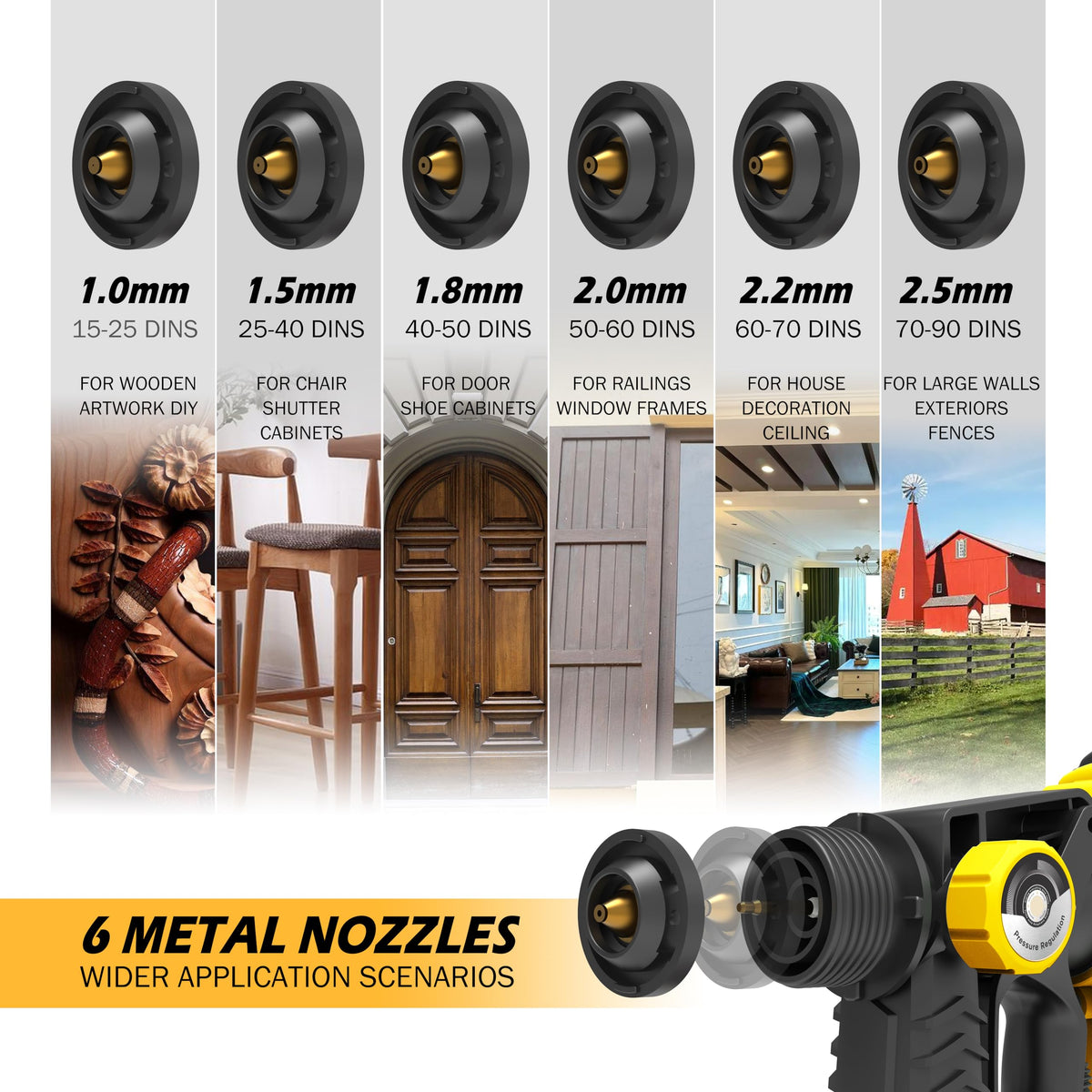 PICKITOLES spray gun includes 6 nozzles for versatile pattern control.