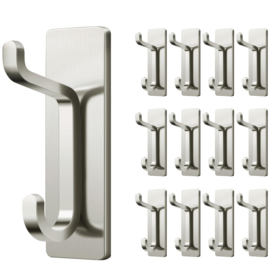 Pickpiff brushed nickel wall hook secures coats and towels without drilling.