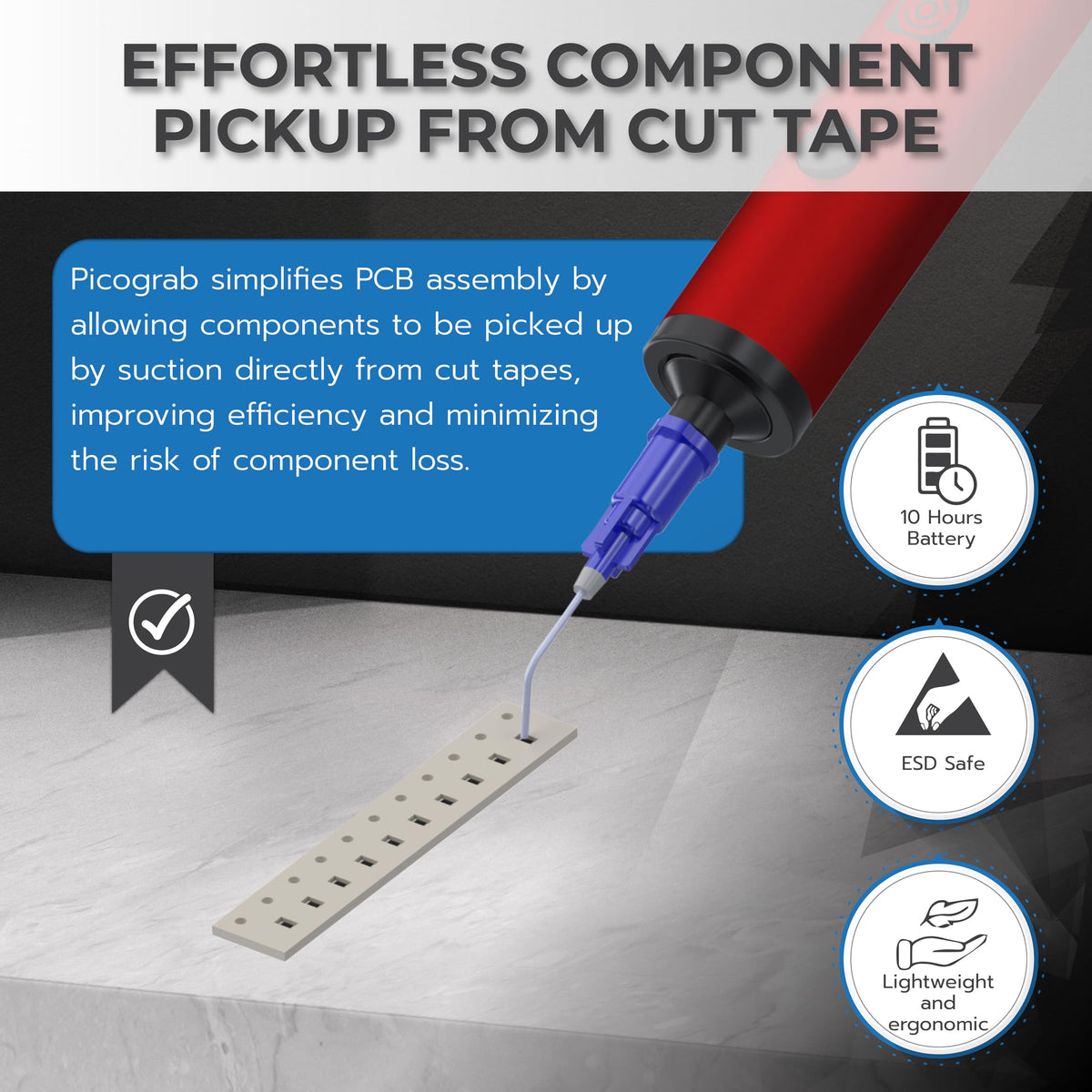 Picograb six-nozzle set enables adapting to different SMD sizes.