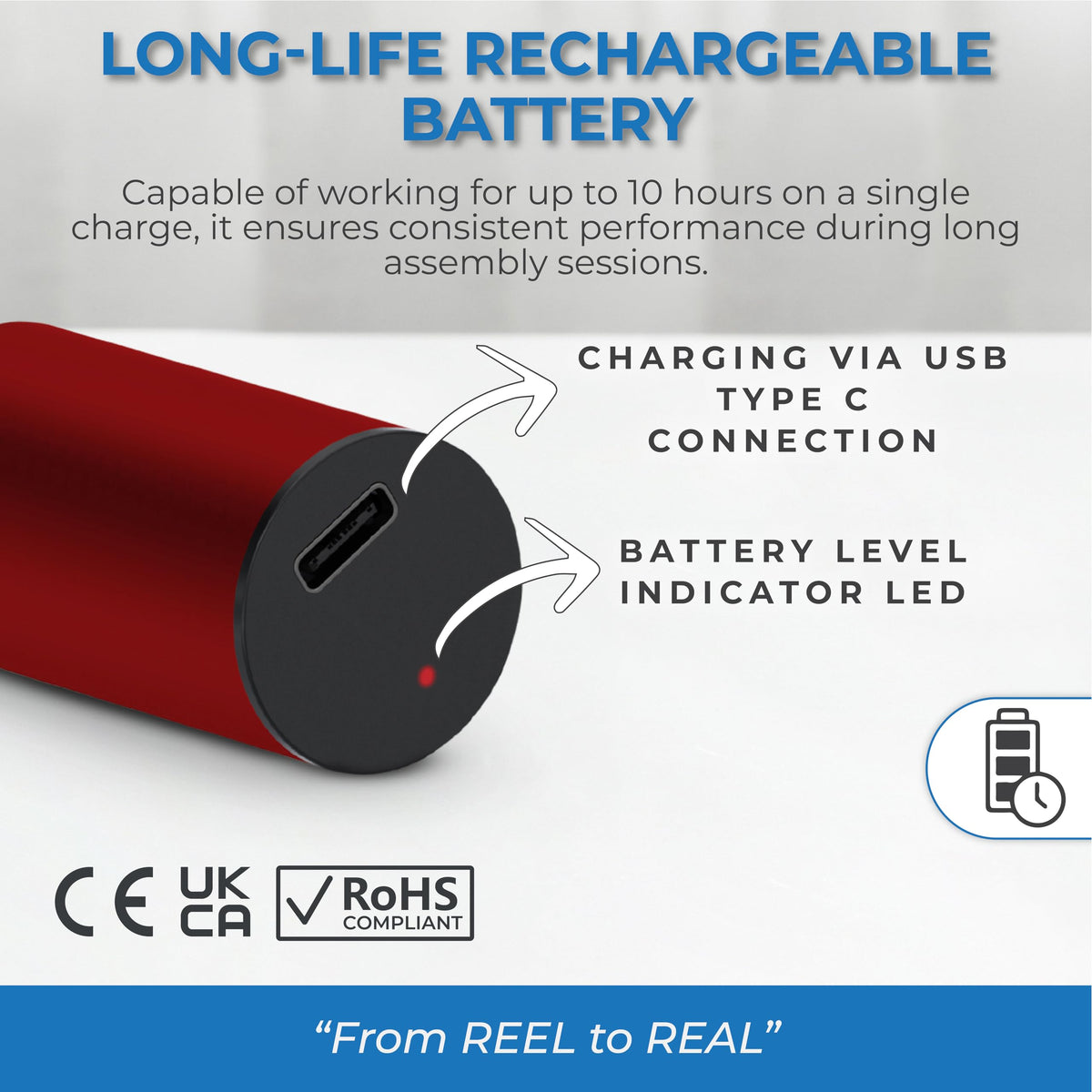 Picograb battery life up to ten hours supports long assembly sessions.