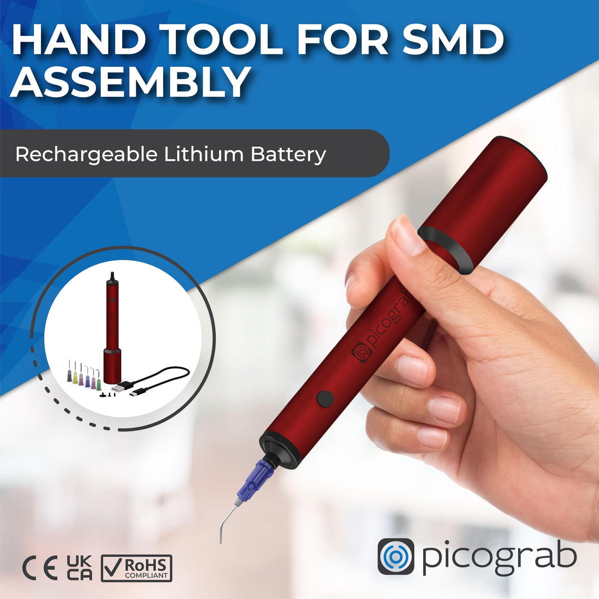 Picograb tool with three suction cups for versatile component handling.