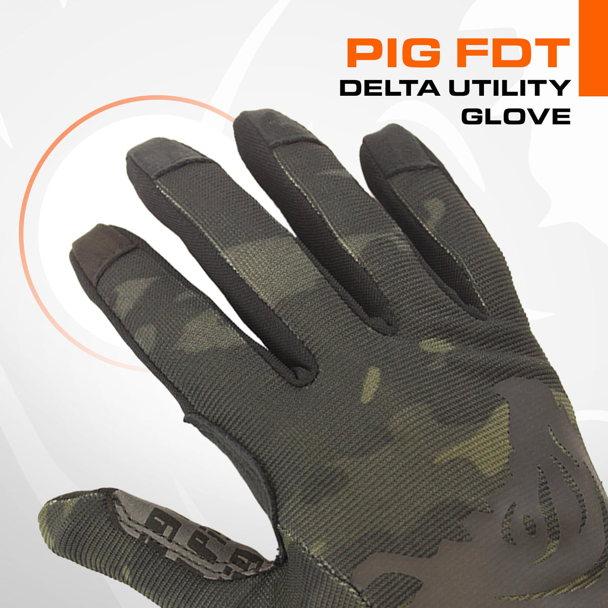 PIG Delta Utility Gloves show touchscreen compatibility for range devices.